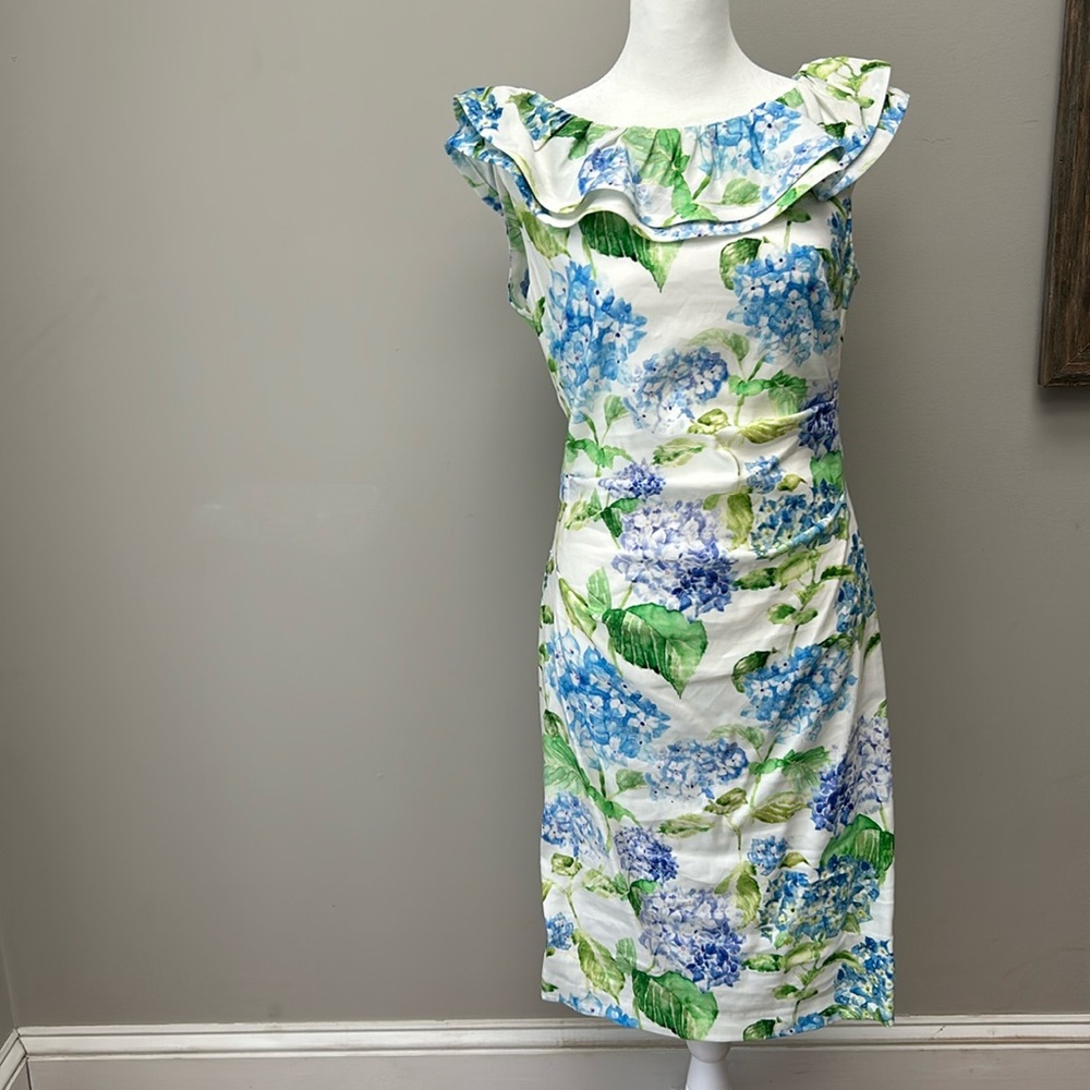 Sara Campbell Blue and Green Sheath Midi Dress with Flutter Sleeves